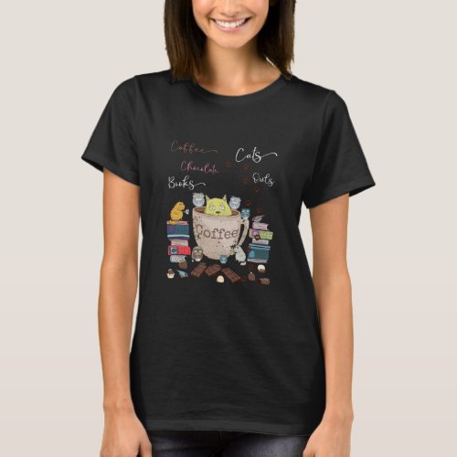 Coffee Books Cats Chocolate Owls Vintage Coffee   T_Shirt