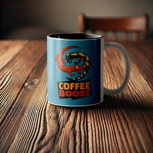 Coffee Boost Cute Red & Fire Salamanders Cartoon Two-Tone Coffee Mug (Creator Uploaded)