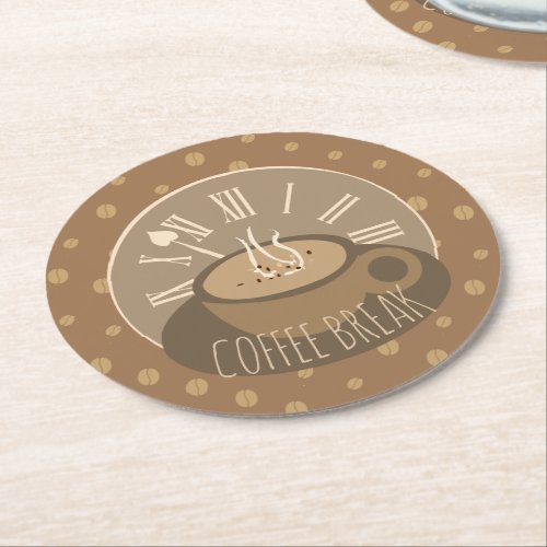 Coffee Break Clock and Beans Cafe Round Paper Coaster