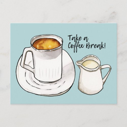 Coffee Break Watercolor and Ink Illustration Postcard