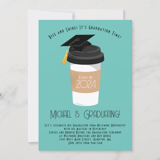 Coffee Breakfast Brunch Graduation Party Teal Invitation (Front)