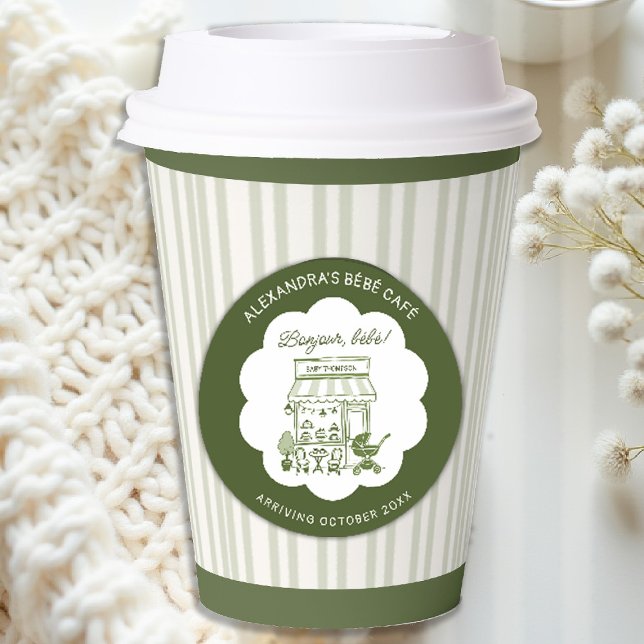 Coffee Brewing Bebe Brunch Neutral Baby Shower Paper Cups (baby shower brunch coffee theme brewing olive green bistro hand drawn paris bistro personalized)