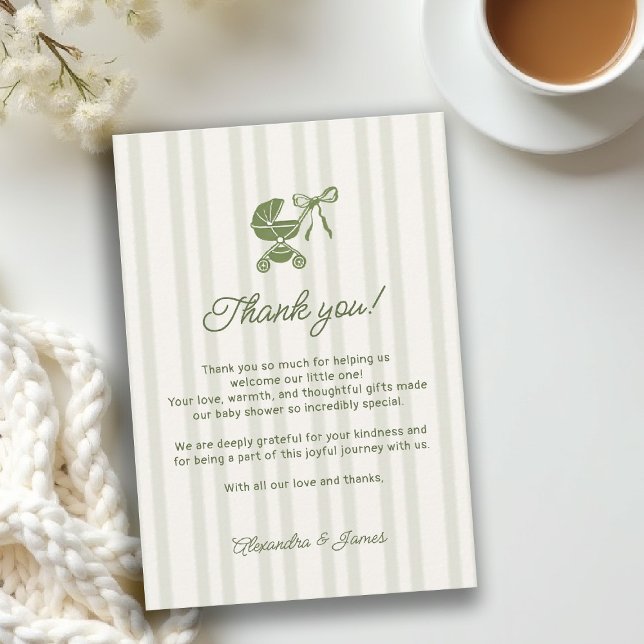 Coffee Brewing Stripes Bebe Brunch Baby Shower Thank You Card (baby shower brunch coffee theme brewing thank you olive green bistro hand drawn paris bistro)