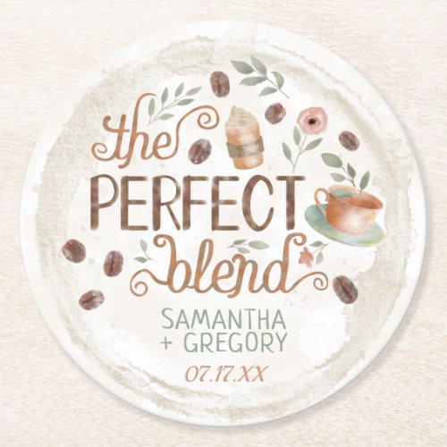 Coffee Bridal Wedding Shower  The Perfect Blend Round Paper Coaster