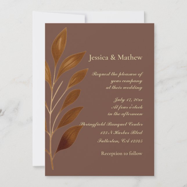 Coffee Brown and Gold Leaf | Modern Wedding  Invitation (Front)