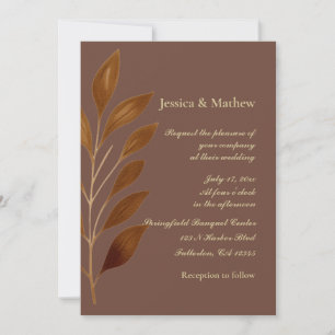 Coffee Brown and Gold Leaf Modern Wedding Invitation