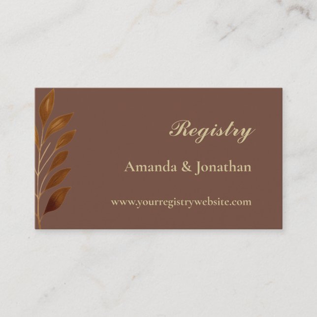 Coffee Brown and Gold Leaf Wedding QR Registry  Enclosure Card (Front)