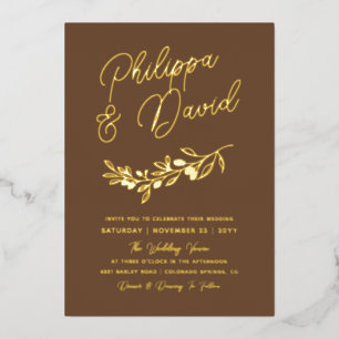 Coffee Brown Berry Branch Names In Script Wedding Foil Invitation
