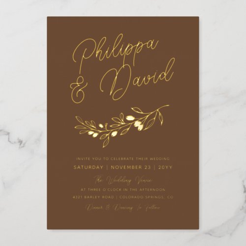 Coffee Brown Berry Branch Names In Script Wedding Foil Invitation