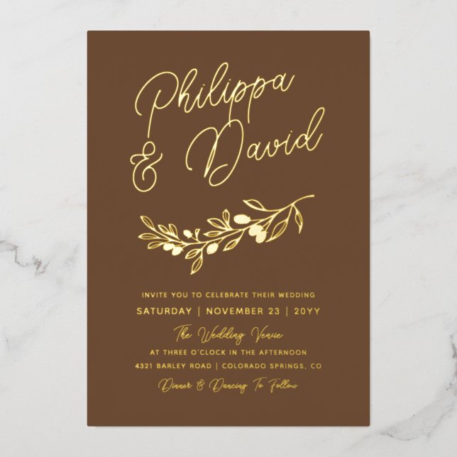 Coffee Brown Berry Branch Names In Script Wedding Foil Invitation (Front)