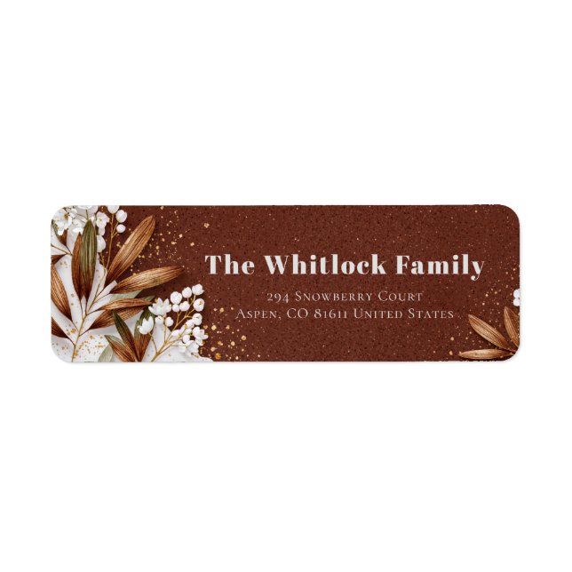 Coffee Brown Bronzed Leaf White Flower Label (Front)