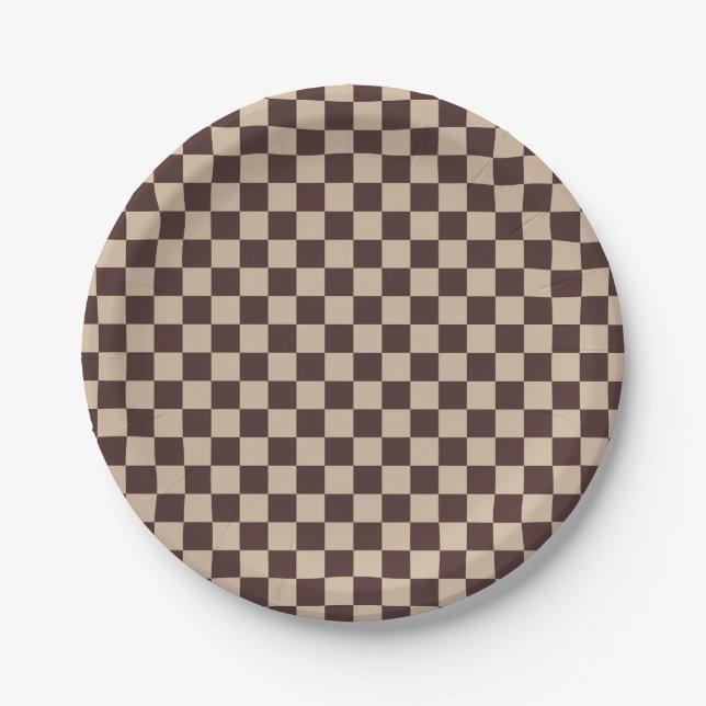 Coffee Brown Checkerboard Paper Plates (Front)