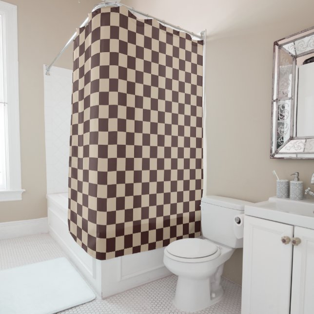 Coffee Brown Checkerboard Shower Curtain (In Situ)