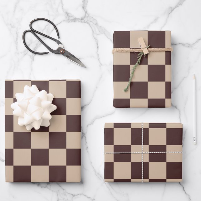 Coffee Brown Checkerboard Wrapping Paper Sheets (Front)