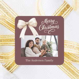 Coffee brown cream bow photo script Christmas Square Sticker