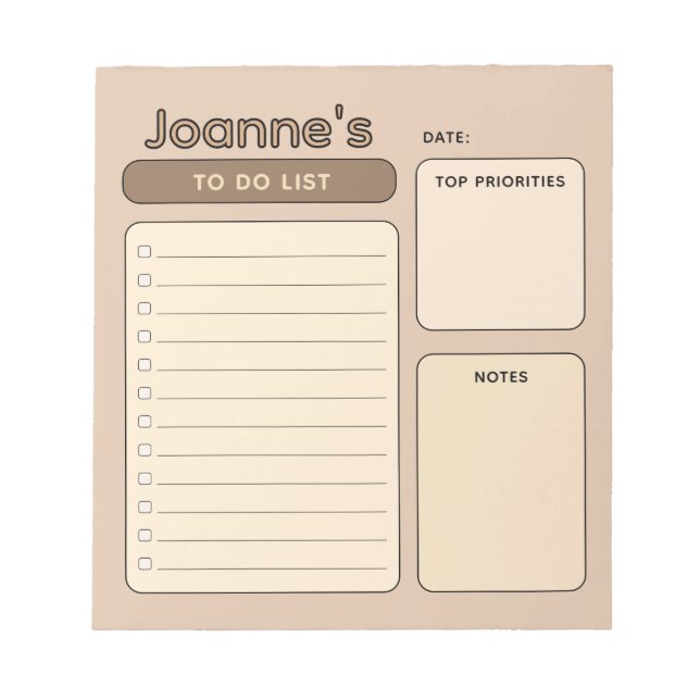 Coffee Brown Cute Customizable To Do List Notepad (Front)