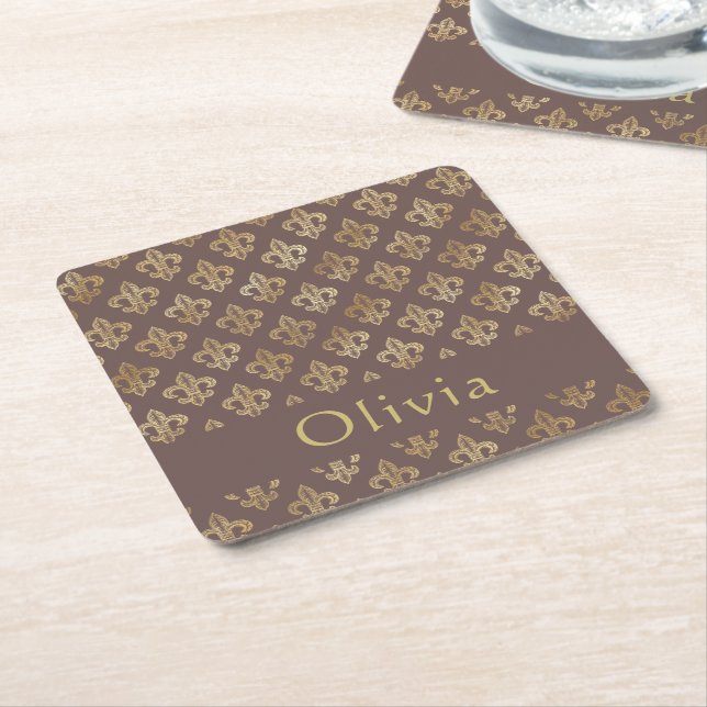 Coffee Brown & Gold Fleur De Lis Personalized Square Paper Coaster (Angled)