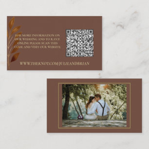 Coffee Brown Gold Leaf Photo Wedding RSVP QR Code Enclosure Card