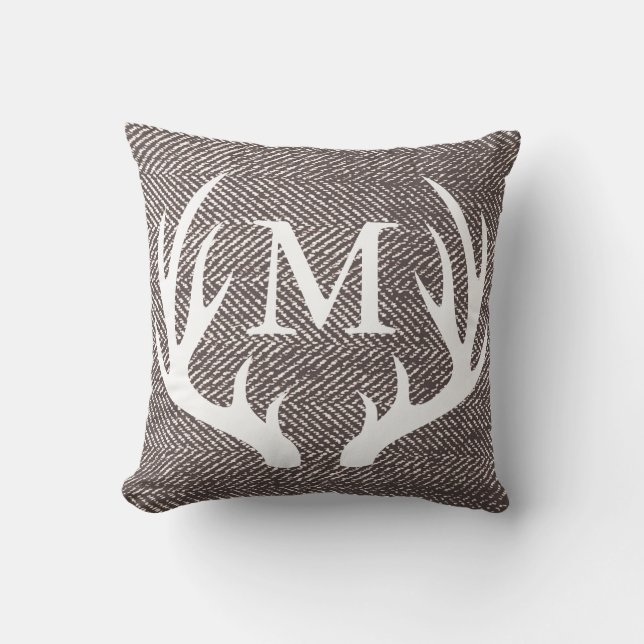 Coffee Brown Herringbone & Deer Antlers Throw Pillow (Front)