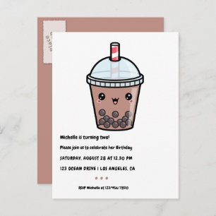 Coffee Brown Kawaii Bubble Tea Birthday Party Postcard