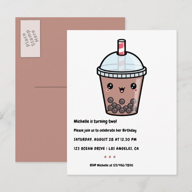 Coffee Brown Kawaii Bubble Tea Birthday Party Postcard (Front/Back)