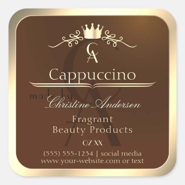 Coffee Brown Product Label Gold Frame and Monogram (Front)