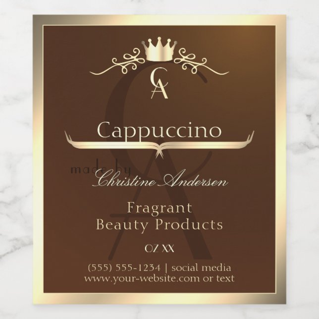 Coffee Brown Product Label Gold Frame and Monogram (Single Label)