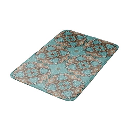 Coffee Brown Turquoise Green Bali Batik Pattern Bathroom Mat