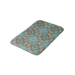 Coffee Brown Turquoise Green Bali Batik Pattern Bathroom Mat