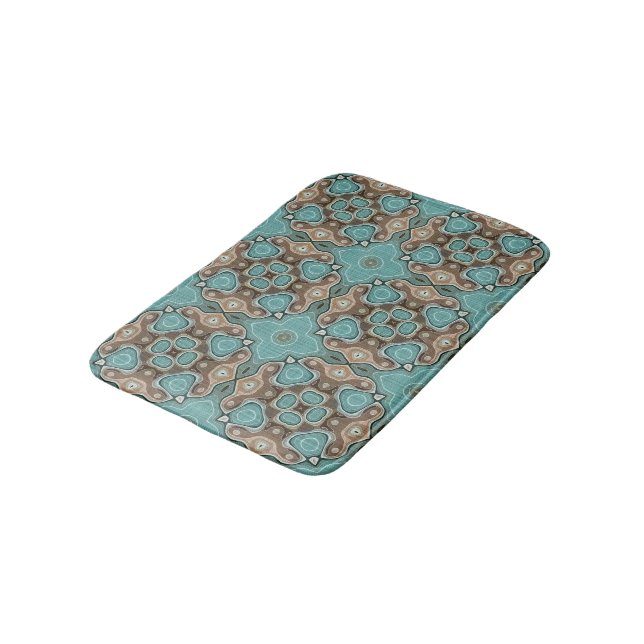 Coffee Brown Turquoise Green Bali Batik Pattern Bathroom Mat (Angled)