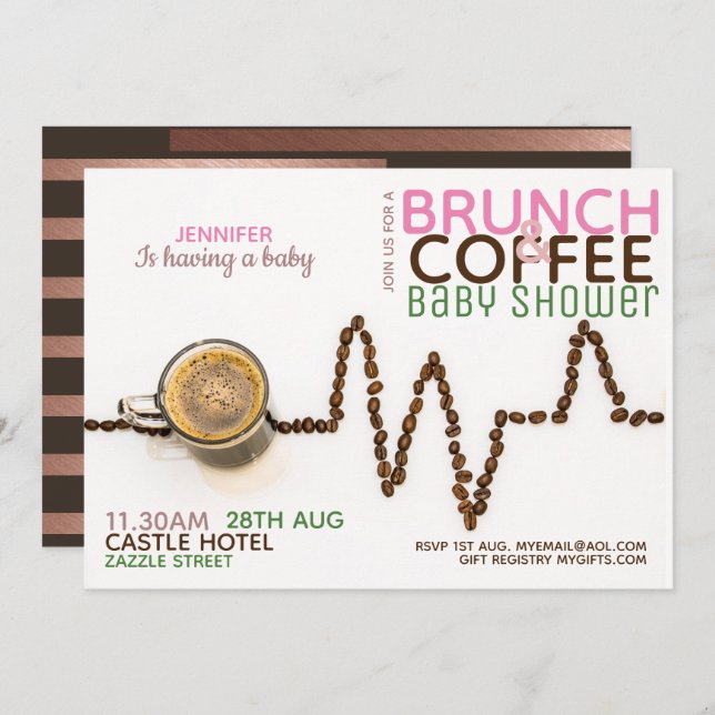 COFFEE Brunch Baby Shower Invitation Pink Green (Front/Back)