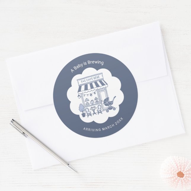 Coffee Brunch Theme Cafe Bébé Blue 2 Baby Shower Classic Round Sticker (Envelope)