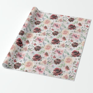 Coffee Burgundy Pink Peony Mondial Roses Garden Wrapping Paper