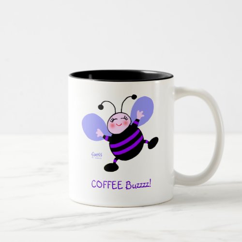 Coffee Buzz Cute Cartoon Purple Bee Work Addict Two_Tone Coffee Mug