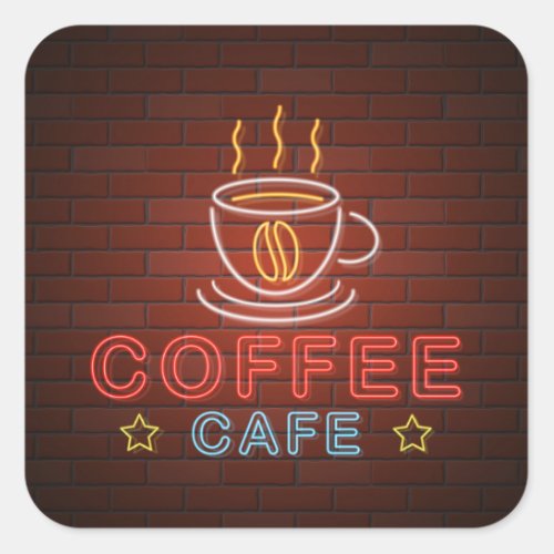 Coffee Cafe Neon Sign Square Sticker