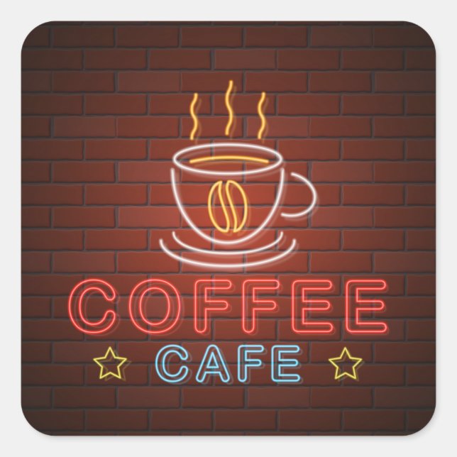 Coffee Cafe Neon Sign Square Sticker (Front)