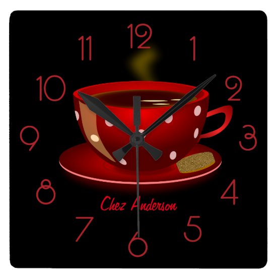 Coffee Cafe Red and Black Personalized Square Wall Clock