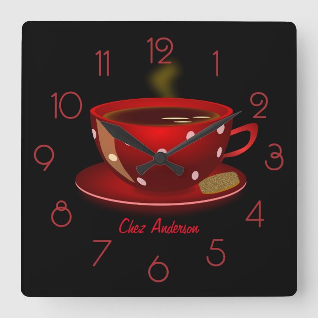 Coffee Cafe Red and Black Personalized Square Wall Clock (Front)