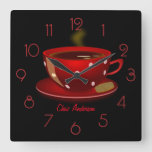 Coffee Cafe Red And Black Personalized Square Wall Clock at Zazzle