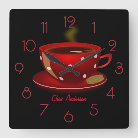 Coffee Cafe Red And Black Personalized Square Wall Clock