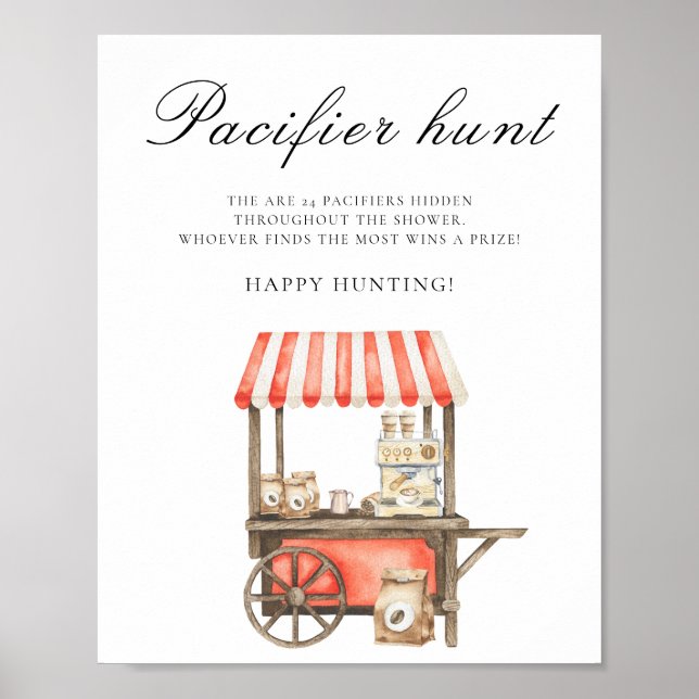 Coffee cart - pacifier hunt baby shower game poster (Front)