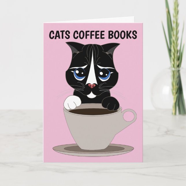 COFFEE CAT ART GREETING CARD, ALL OCCASION BLANK CARD (Front)