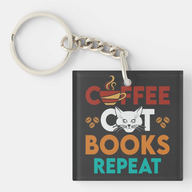  Coffee Cat Books Repeat, Coffee reading Cat Lover Keychain (Front)