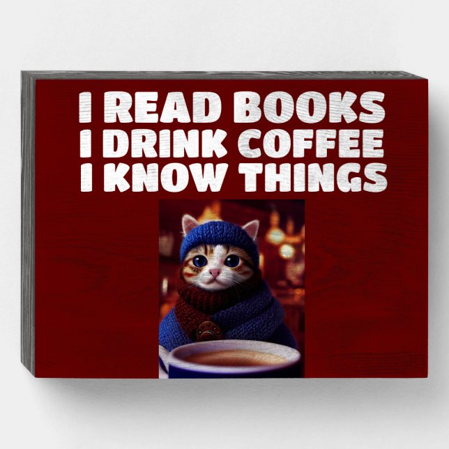 COFFEE CAT COFFEE BOOKS KNOW THINGS WALL SIGN (Front Horizontal)