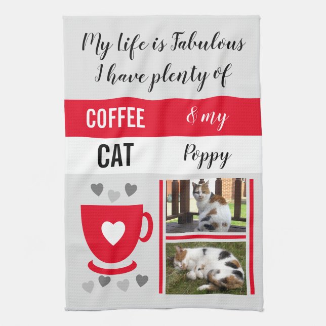 Coffee cat pet life is fabulous photos grey red kitchen towel (Vertical)