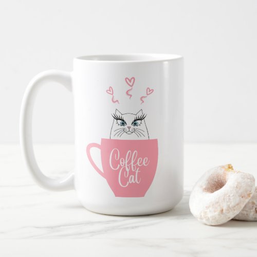 Coffee Cat sitting in big Mug with heart steam