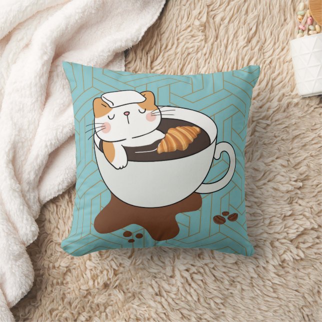 Coffee Cat Spa Throw Pillow (Blanket)