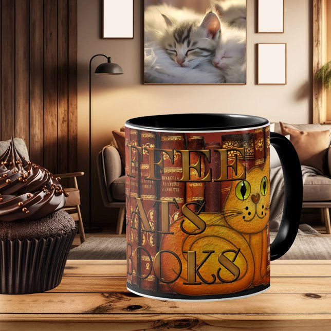 Coffee Cats and Books Artistic Cat Lover Mug (Mug featuring a painting of a cute cat on a background with vintage books. Coffee, cats and books)