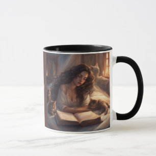 Coffee Cats & Books woman reading on bed with cats Mug