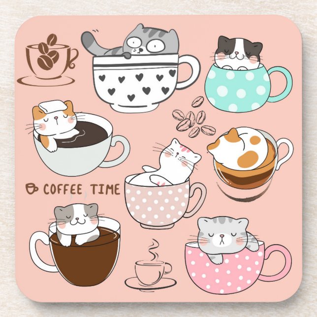 Coffee Cats Funny Beverage Coaster (Front)